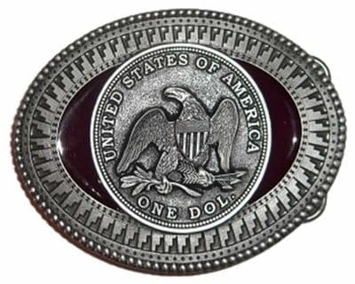 One Dollar Coin Belt Buckle with display stand. Code MH7