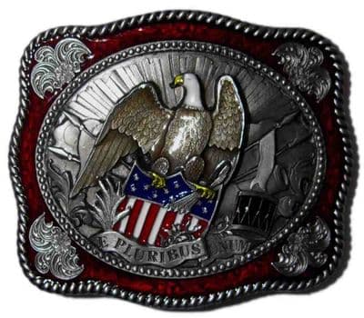 Patriotic Eagle 'E PLURIBUS UNUM' Belt Buckle with display stand. Code LK1
