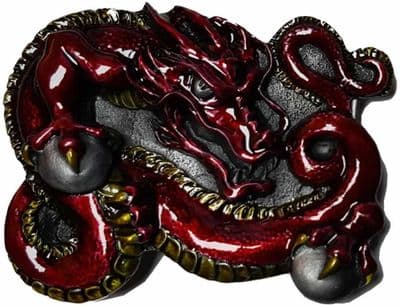 Red Chinese Dragon Belt Buckle + display stand. Code PK2