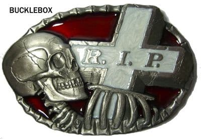 RIP Rest in Peace Skull Skeleton and Grave Stone Belt Buckle. Code BD2