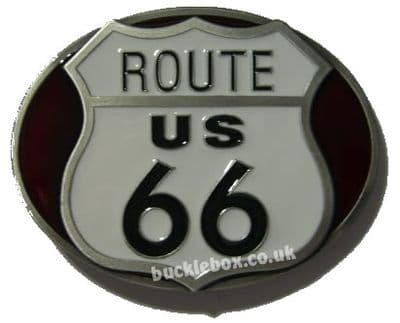 ROUTE 66 R&W Belt Buckle + display stand. Code PK6