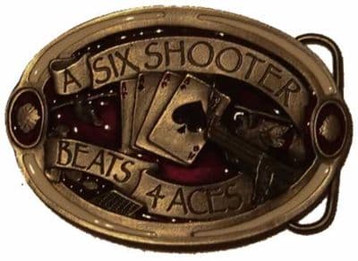 Six Shooter Beats Four Aces Belt Buckle + display stand