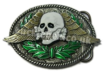 SKULL, WINGS & WREATH belt buckle. Code CC1