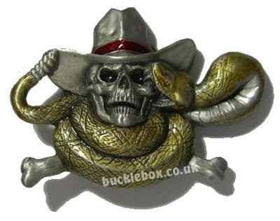 SNAKE & SKULL WEARING HAT BELT BUCKLE + display stand. Code KB4