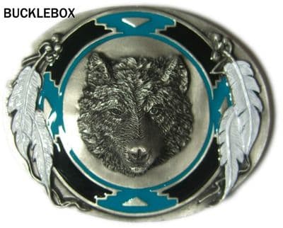 South West Wolf Head Belt Buckle with display stand