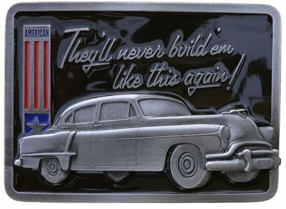 They'll Never Build 'Em Like This Again Belt Buckle with display stand. SB4