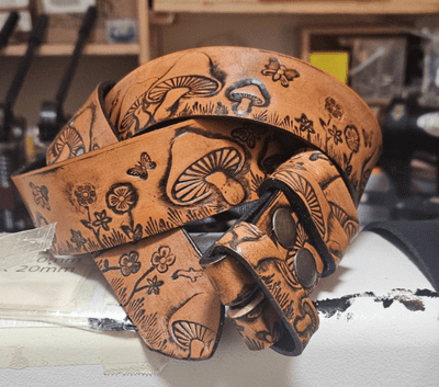 Toadstools and Butterflies Embossed Full Grain Leather Belt . 1½