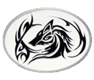 Tribal Wolf Head Tattoo Belt Buckle with display stand. Product code WG2