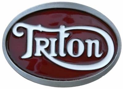 Triton Red/White Motorcycle Belt Buckle with display stand. Code SE1