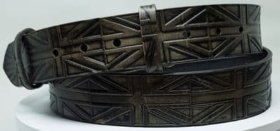 Union Jack  Reversed Flag Antique Black Embossed Full Grain Leather Belt . 1½