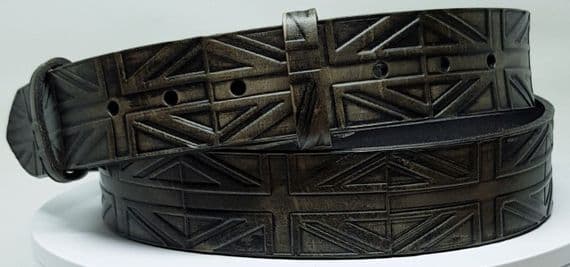 Union Jack  Reversed Flag Antique Black Embossed Full Grain Leather Belt . 1½