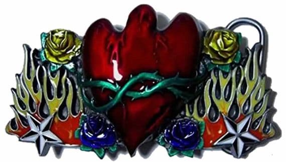 Weeping Heart in Flames, Barbed Wire and Wild Roses Belt Buckle including display stand. Code SB2
