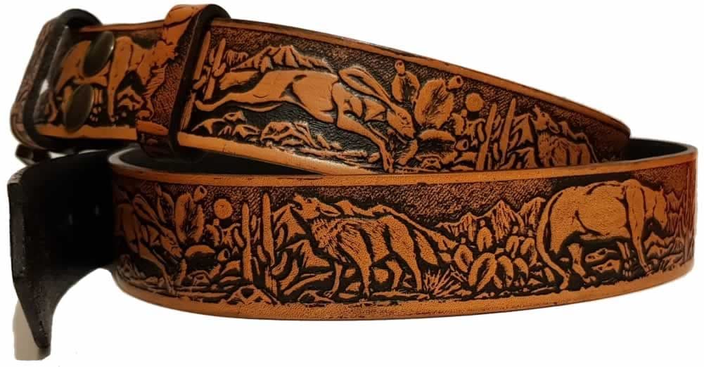 Wolf Hare Mountain Lion Embossed Full Grain Leather Belt - 1