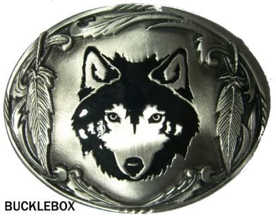 Wolf Head and Feathers Belt Buckle with display stand. Product Code: OE7