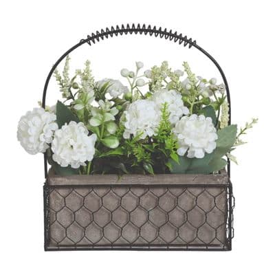 White  Faux Flowers  in a Wired Basket