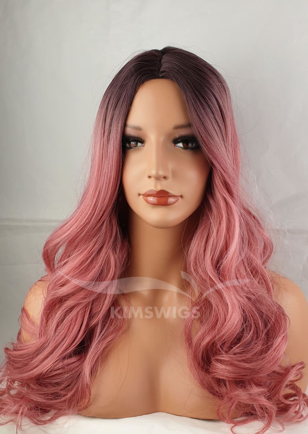 Ladies Dark Rooted Pink Burgundy Long Wavy Wig