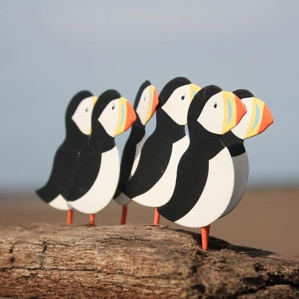 A Circus of Puffins on Driftwood | Decorative Puffin Block