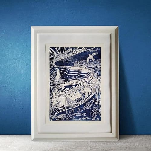 Blue Coast – Framed Linocut Print