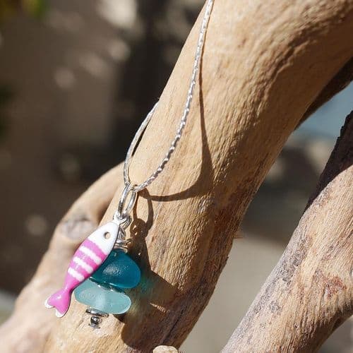 Blue Sea Glass Pendant with Little Fish Charm