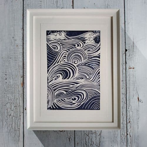 Blue Waves– Framed Linocut Print