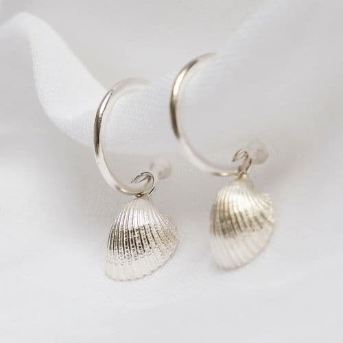 Cockle Shell Charm Hoop Earrings - Silver