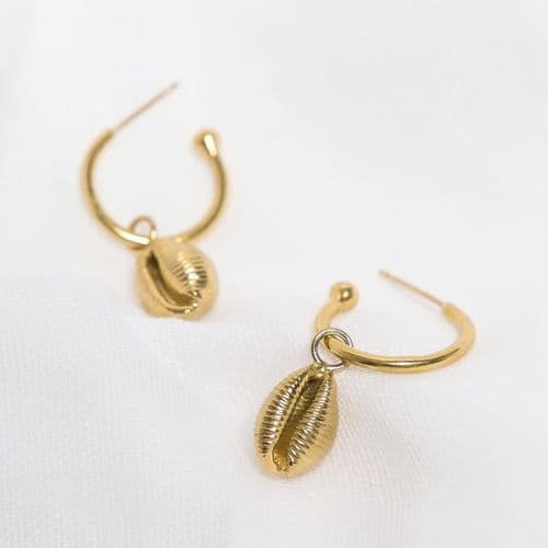 Cowrie Shell Charm Hoop Earrings - Gold