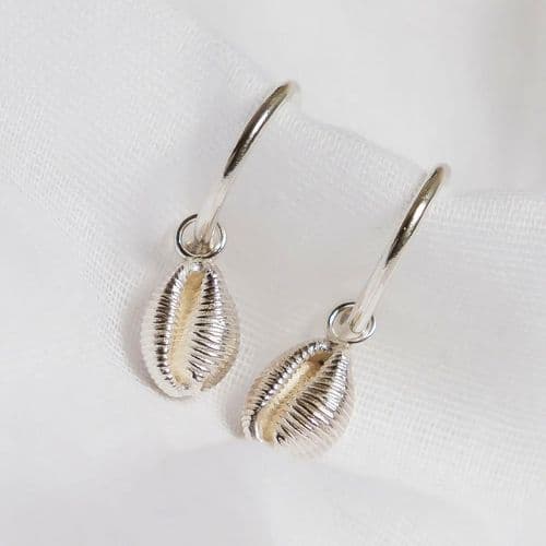 Cowrie Shell Charm Hoop Earrings - Silver