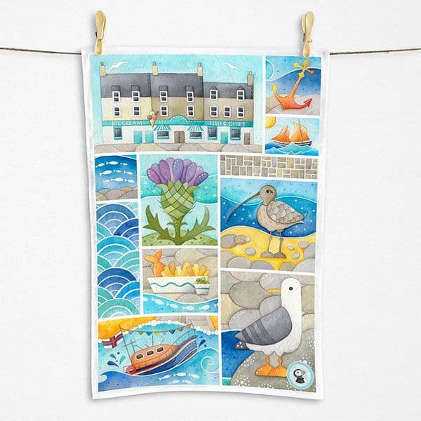 Curlew & Chip Shop Tea Towel | Coastal Tea Towel | Louise Stocker