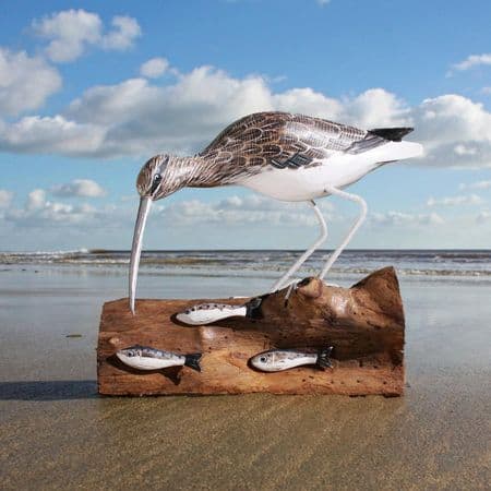 Curlew Fishing - Wooden Bird Carving
