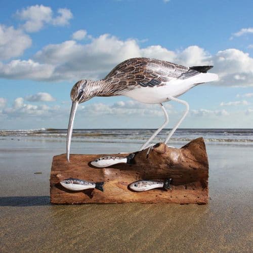 Curlew Fishing - Wooden Bird Carving