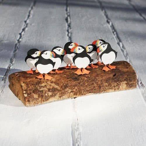 Eight Puffins on Driftwood Block
