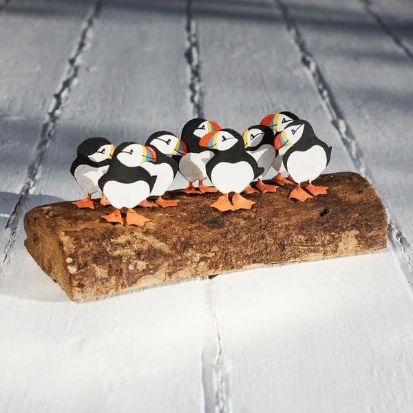 Eight Puffins on Driftwood Block | Decorative Puffin Block