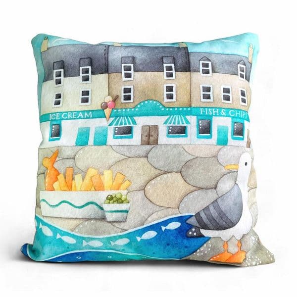 Fish & Chips at Anstruther | Cushion Cover | Louise Stocker