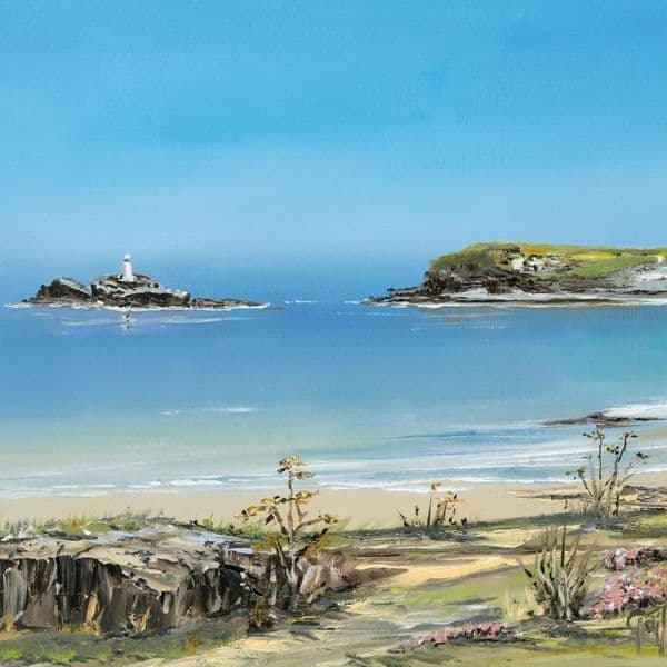 Godrevy Lighthouse & Sea Pinks | Art Print | Gail Morris