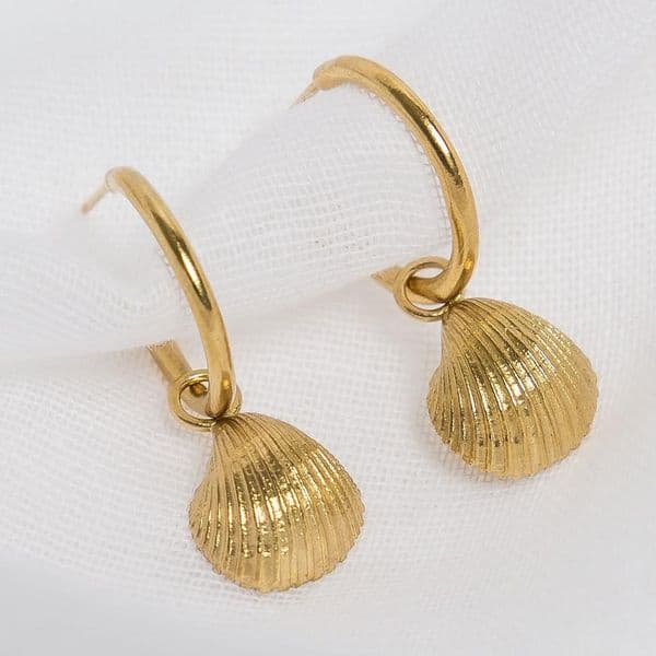 Gold Cockleshell Charm Hoop Earrings | Gold Plated Earrings | Sarah Adams