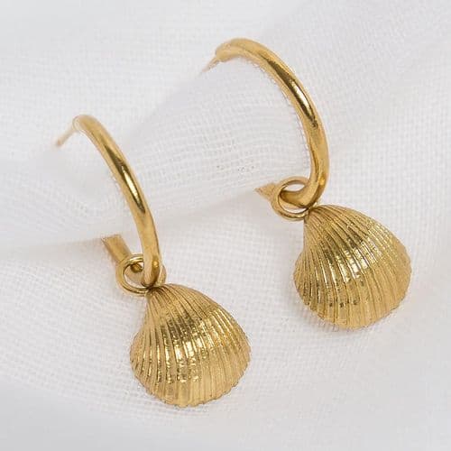 Gold Cockleshell Charm Hoop Earrings