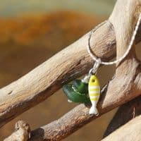 Green Sea Glass Pendant with Little Fish Charm | Beach Glass Jewellery | Melinda Llewdib