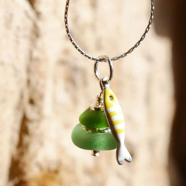 Green Sea Glass Pendant with Little Fish Charm | Beach Glass Jewellery | Melinda Llewdib