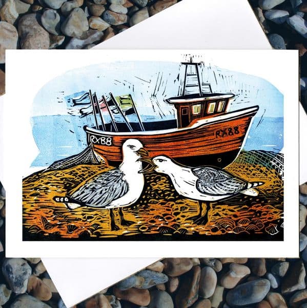 Gulls and Boat Coastal Card | Fiona Horan