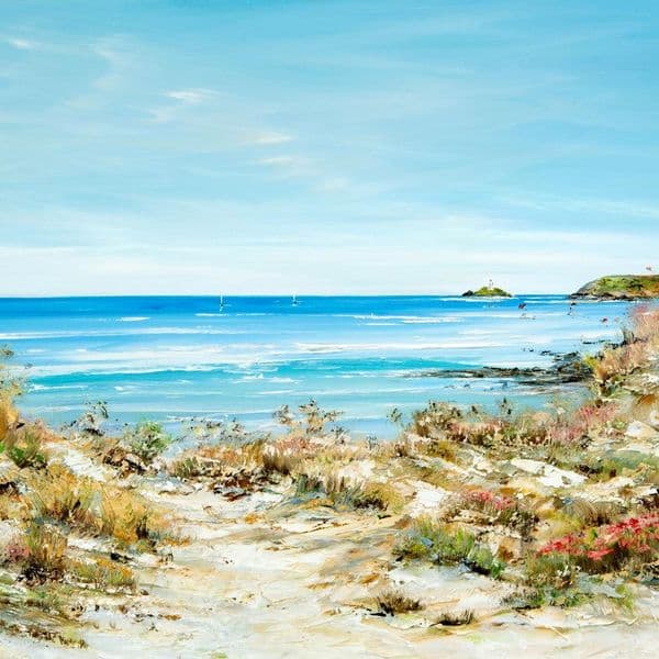 Gwithian, Godrevy & Sea Pinks | Art Print | Gail Morris