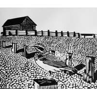 Mary Stanford Hut and Wheatear | Linocut | Lino Print