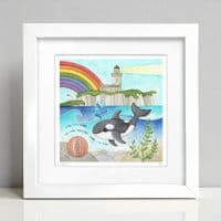 Orca Whale & Lighthouse, Isle of May | Limited Edition Art Print | Louise Stocker