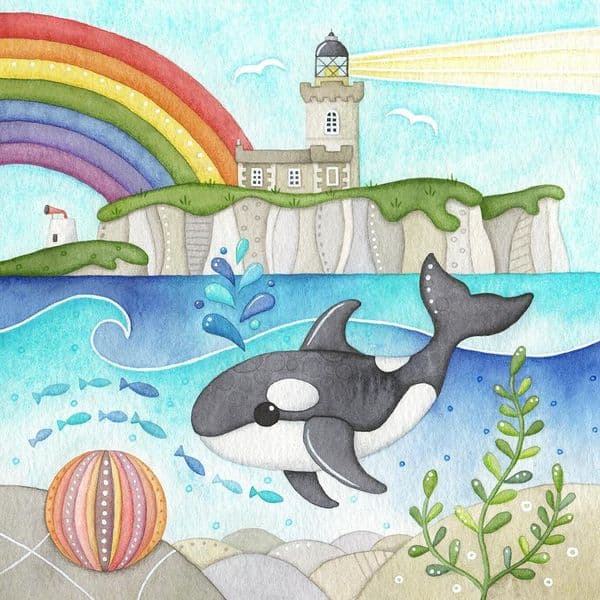 Orca Whale & Lighthouse, Isle of May | Limited Edition Art Print | Louise Stocker