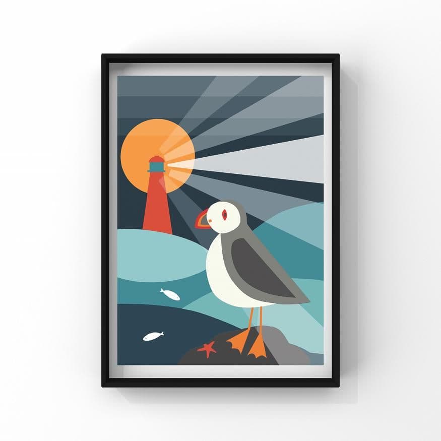 Puffin and Lighthouse – A4 Print