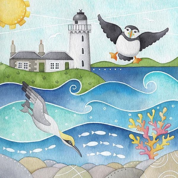 Puffin & Gannet, Isle of May Print | Limited Edition Art Print | Louise Stocker