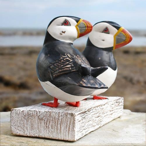 Puffin Pair Wooden Bird Carving
