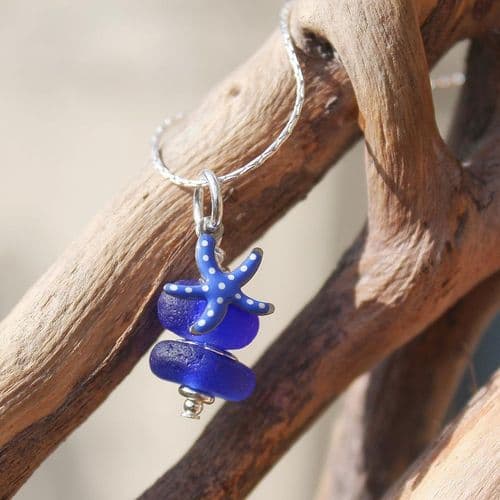 Rare Cobalt Blue Sea Glass Pendant with Little Starfish Charm