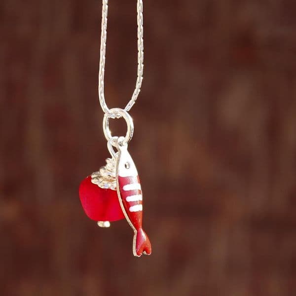 Rare Red Sea Glass Pendant with Little Fish Charm | Beach Glass Jewellery | Melinda Llewdib