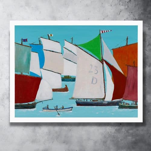 Rowing Gig Green Sail  - Art Print