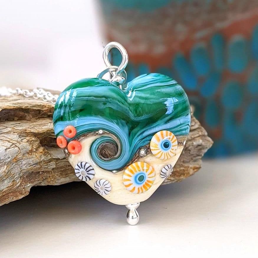 Sand & Sea Glass Lampwork Heart Pendant